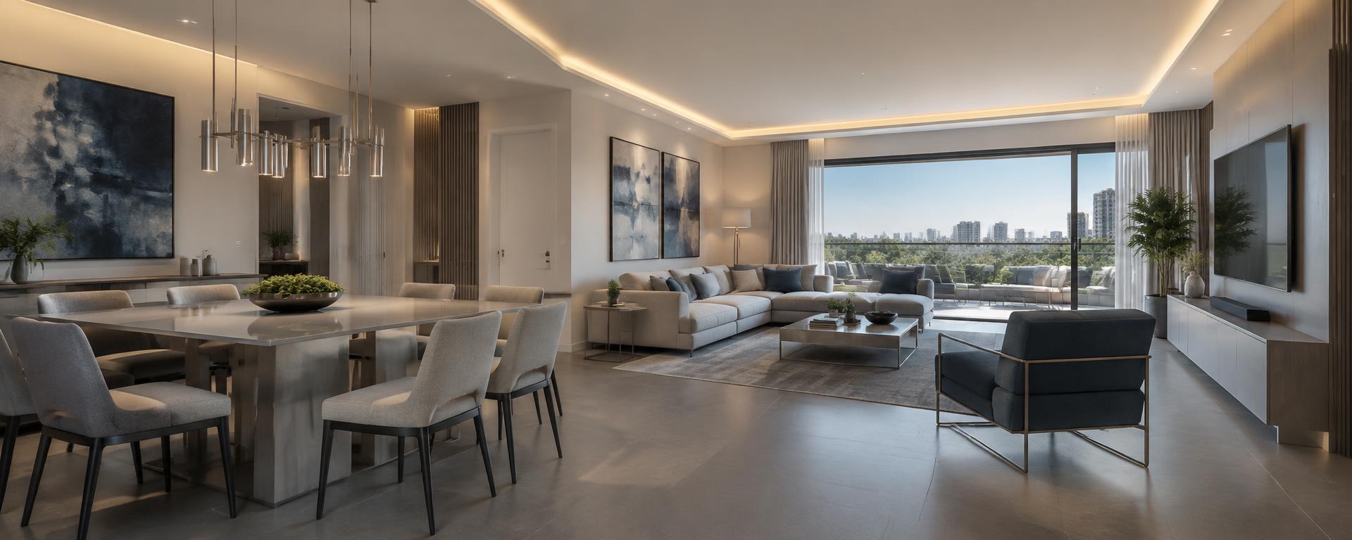 Sala contemporânea com porcelanato, pintura e iluminação finalizados